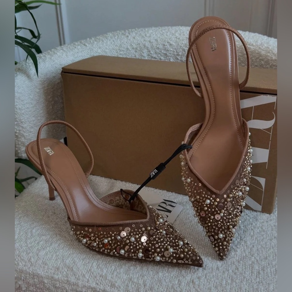 Zara pearl beaded embellished slingback pointed toe kitten heels - Picture 6 of 8